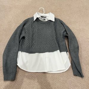 Gray Cable Knit Sweater with White Layered Shirt
